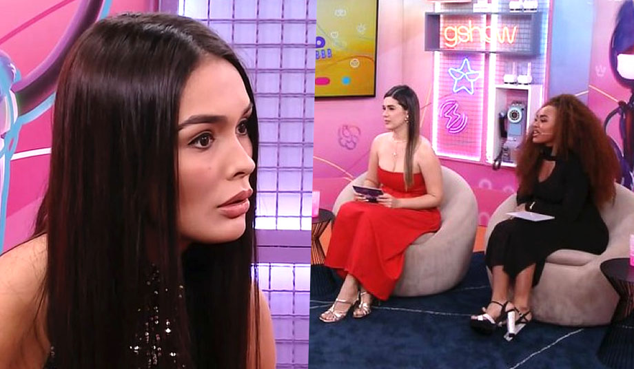 Larissa, última eliminada do BBB 23, com feição de espanto após descobrir que debochou dos seguidores de Domitila. À direita, Vivian Amorim usando vestido vermelho e Patrícia Ramos usando vestido preto. 