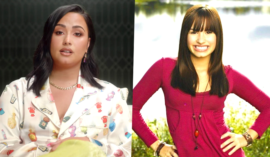 Demi Lovato em seu documentário e, à direita, a cantora no filme Camp Rock, da Disney.