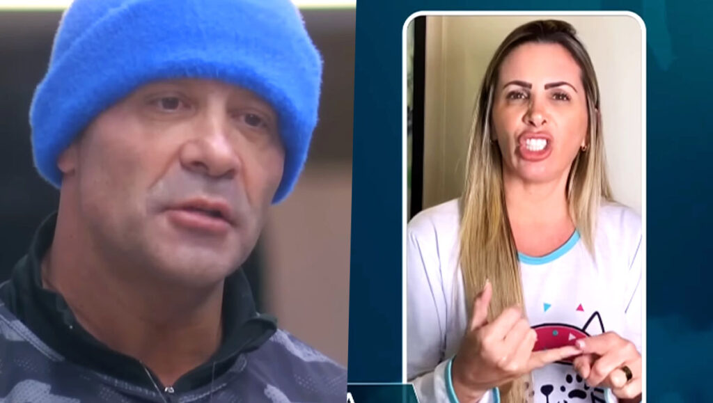 À esquerda, Marcos Oliver, participante de A Grande Conquista, usando casaco com estampa militar cinza e uma touca azul. À direita, a loira Faby Monarca, ex-mulher de Oliver, usando um pijama branco com gola azul.