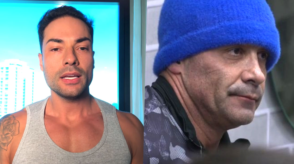 À esquerda, Bruno Camargo, usando uma camiseta regata cinza. À direita, Marcos Oliver, de A Grande Conquista, usando casaco militar cinza e uma touca azul.