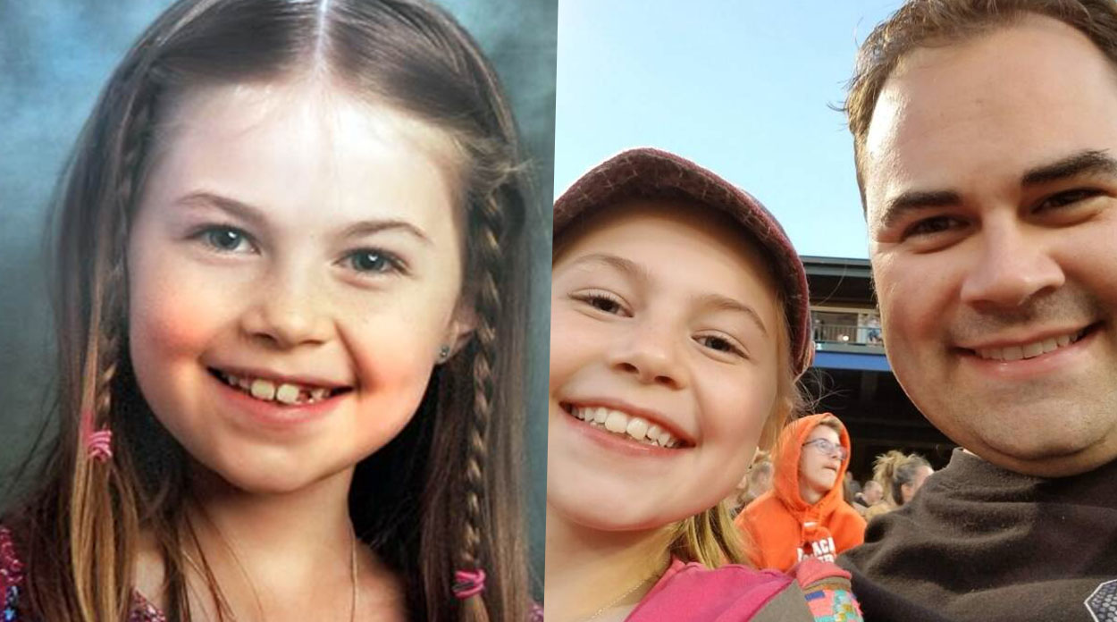 Kayla Unbehaun, criança desaparecida há anos que foi encontrada graças à série da Netflix. Na primeira imagem, ela aparece sorridente com os cabeços trançados. Na segunda imagem, ela aparece usando um boné rosa ao lado de seu pai, que usa uma camiseta preta. Os dois estão assistindo a um jogo de futebol americano.