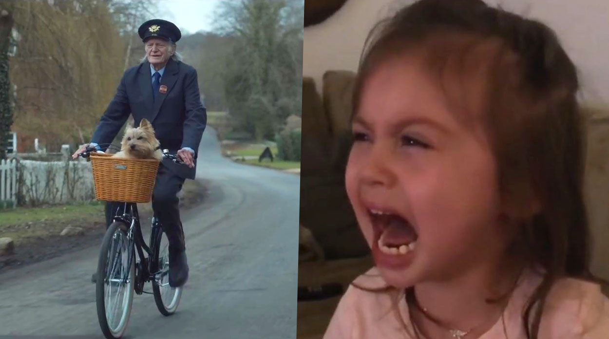 À esquerda, imagens do clipe do cantor Lewis Capaldi, mostrando um carteiro idoso pedalando uma bicicleta e levando seu cachorrinho na cesta do veículo. À direita, uma das crianças, uma menina de aproximadamente 5 anos, chorando assistindo ao clipe.