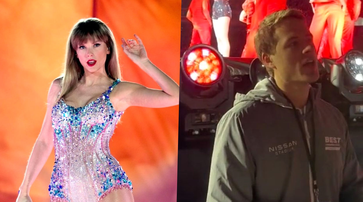 À esquerda, Taylor Swift com a mão esquerda para o alto, enquanto usa uma vestido brilhante azul com branco. À direita, o segurança de Taylor Swift, Davis Perrego, usando um casaco cinza com capuz e um crachá no pescoço.