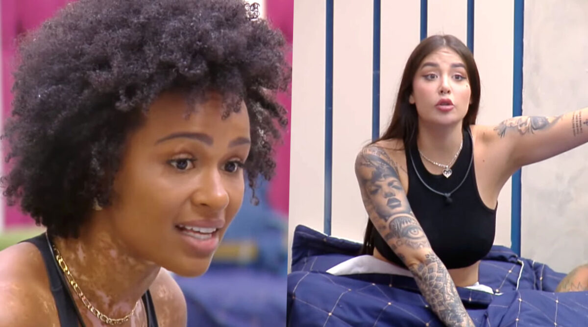 Natália Deodato e Victoria Macan, participantes de A Grande Conquista, discutindo no reality show. A primeira afirmou para a segunda que ela não é sua aliada.