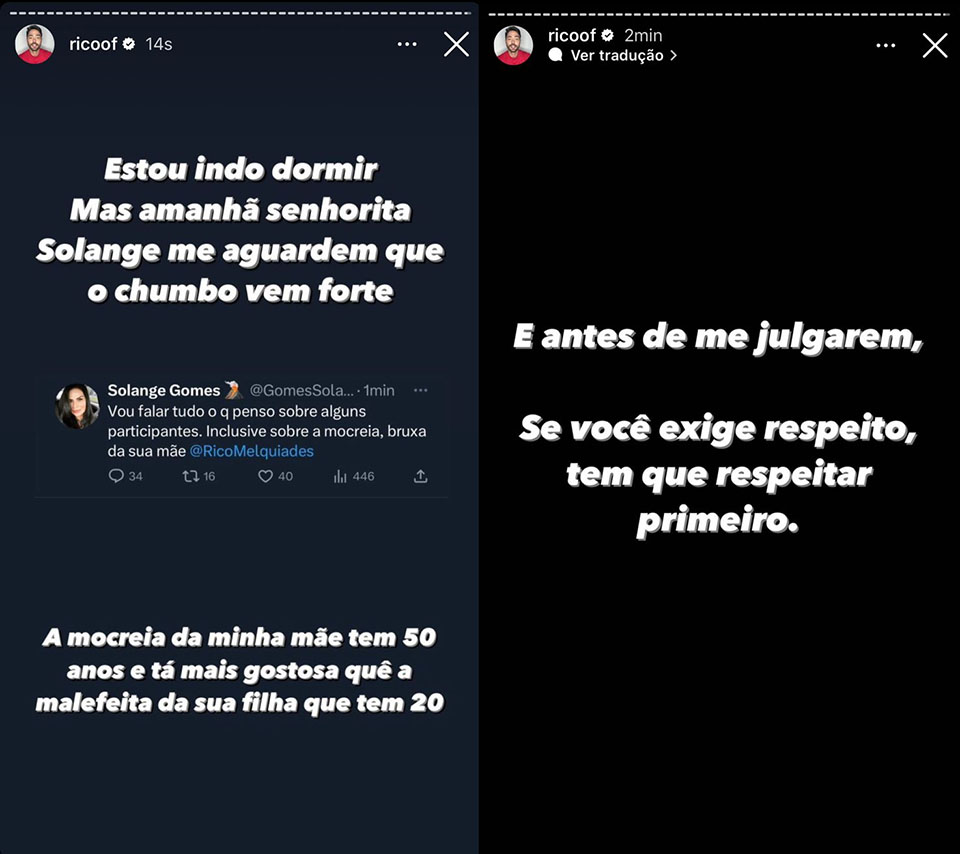 Posicionamento de Rico em defesa de sua mãe nas redes sociais.