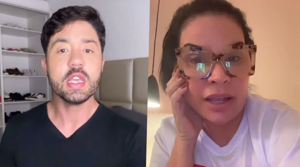 À esquerda, Rico Melquiades acusando Solange Gomes de se envolver com homem casado. À direita, Solange em vídeo se defendendo das acusações.