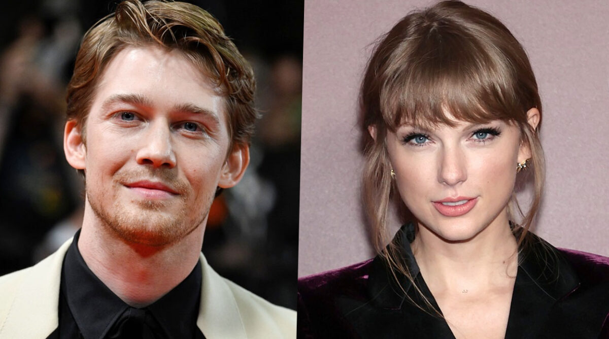 À esquerda, Joe Alwyn usando terno branco com camiseta social preta. À direita, Taylor Swift usando um sobretudo roxo na premiere do clipe de "All Too Well".