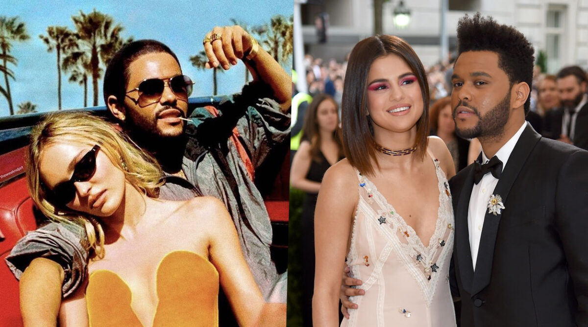 Imagem promocional de The Idol, série da HBO Max e, à direita, Selena Gomez e The Weekend abraçados em evento.