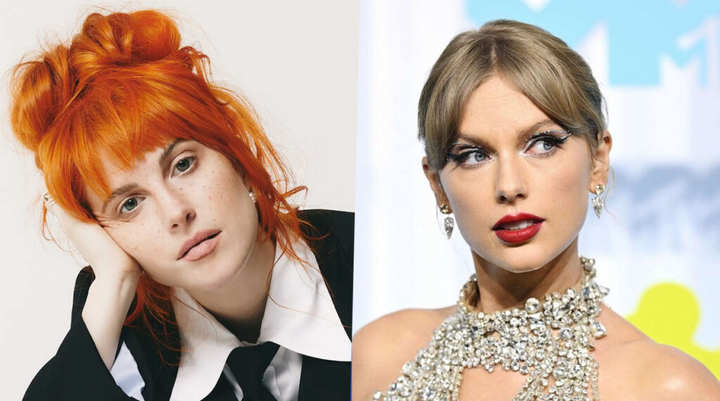 À esquerda, Hayley Williams, vocalista do Paramore. À direita, a cantora Taylor Swift.