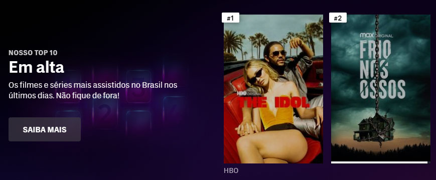 Imagem revelando os títulos mais assistidos na HBO Max, destacando The Idol e Frio Nos Ossos.