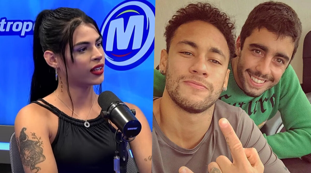 Sophia Barclay em entrevista. Na direita, Neymar e Pedro Scooby juntos.