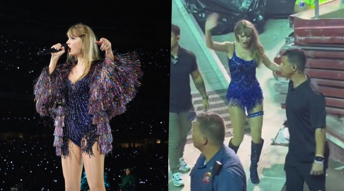 Taylor Swift durante apresentação de Midnight Rain na The Eras Tour. A cantora foi alvo de arremesso de objetos de fãs, assim como Harry Styles e Bebe Rexha.