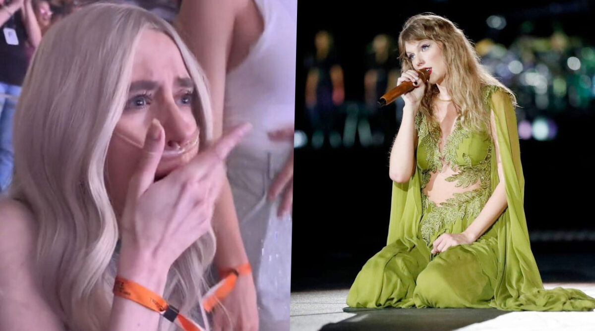 À esquerda, fã de Taylor Swift emocionada enquanto assiste a um show da cantora. Na segunda imagem, a artista usando um vestido verde, ajoelhada e cantando com um microfone dourado.