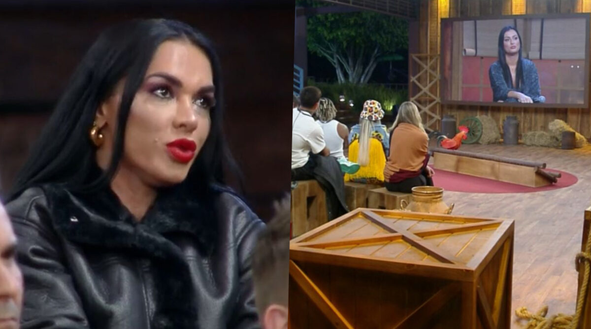 Kamila Simioni discutindo com jornalista na estreia de A Fazenda.