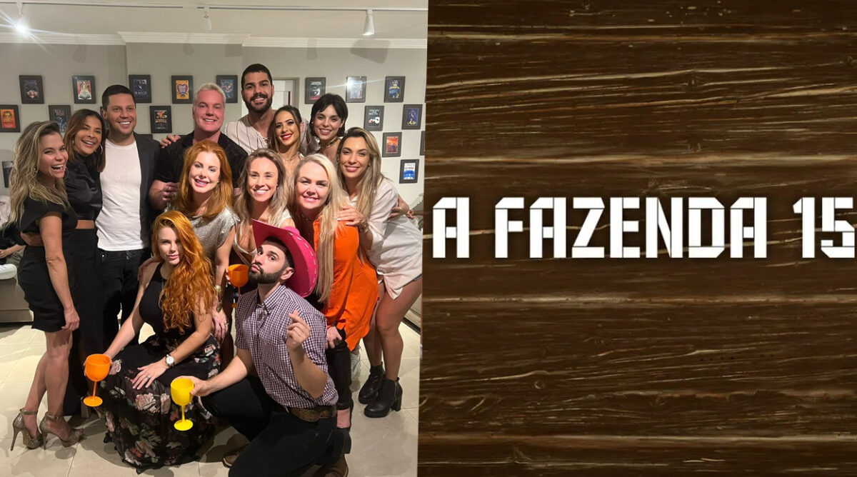 Famosos cotados para A Fazenda 15 reunios. À direita, logotipo oficial do programa da Record.