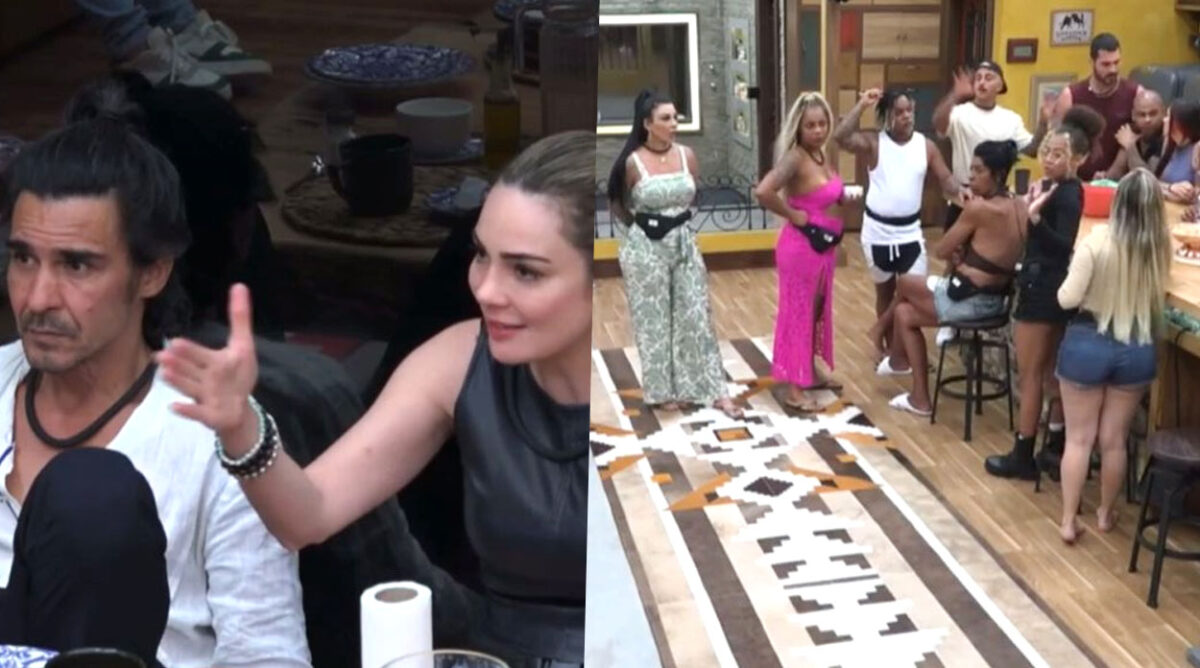 André e Rachel discutindo com os outros participantes de A Fazenda 15 em confusão generalizada que se formou.