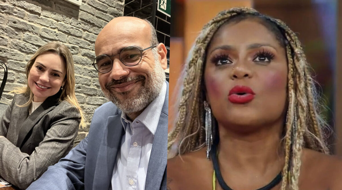 André Fróes, advogado de Rachel Sheherazade, ao lado da jornalista. À direita, Cariúcha durante formação de roça em A Fazenda 15.