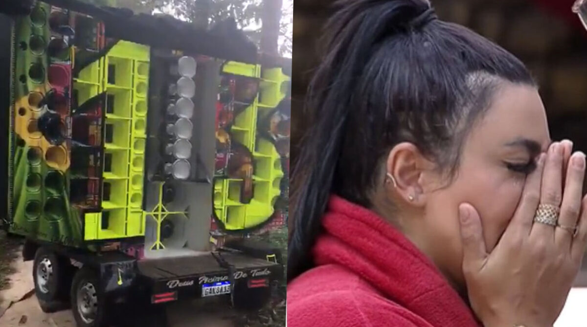 Carro de som que foi enviado para A Fazenda 15 avisando que Jenny Miranda está cancelada.