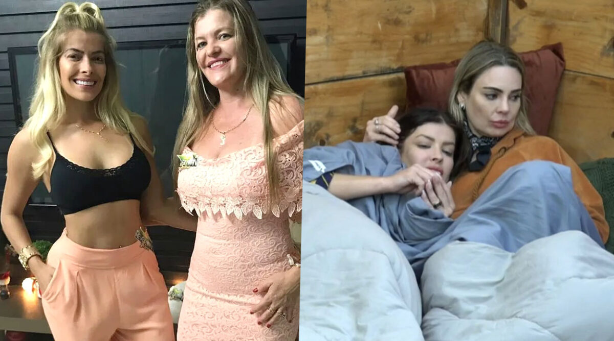 Mãe de Jaquelline, participante de A Fazenda, ao lado da filha na primeira imagem. Na segunda imagem, Jaquelline deitada no colo de Rachel, sendo confortada pela amiga.