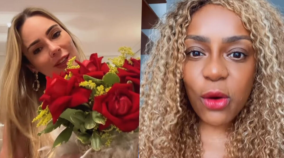 Rachel Sheherazade com buquÊ de flores na mão, usando brinco de argola. À direita, Cariúcha com a boca semi aberta e cabelos loiros soltos.