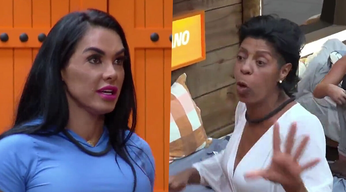Simioni e Márcia protagonizando barraco em A Fazenda 15 após empresária expor fofocas da ex-atleta.