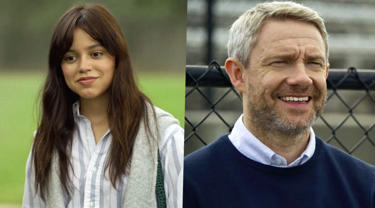 Garota usando camiseta listrada de botões e casaco cinza por cima. À direita, um homem usando camiseta social com um moletom por cima. Cenas de Miller's Girl, novo drama protagonizado por Jenna Ortega.