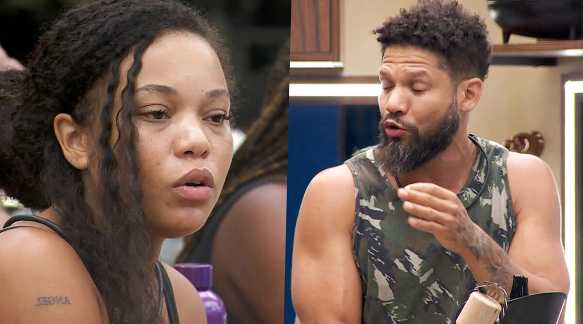Mulher com duas mechas de franja na cara e homem com regata com estampa militar. Os dois são Thalyta e Juninho, participantes do BBB 24.