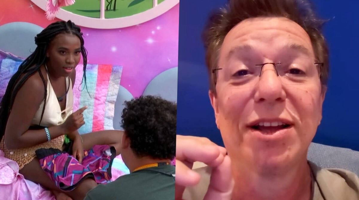 Leidy, participante do BBB 24, que teorizou que troca de microfone constante de Davi é sinal de que ele é favorito do público. À direita, Boninho, diretor da atração.