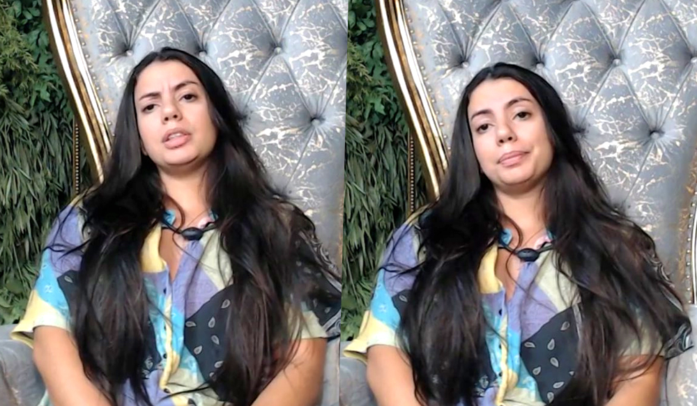 Fernanda sentada na poltrona do confessionário confessando que ficou chateada com a visita de Sabrina Sato ao BBB 24.