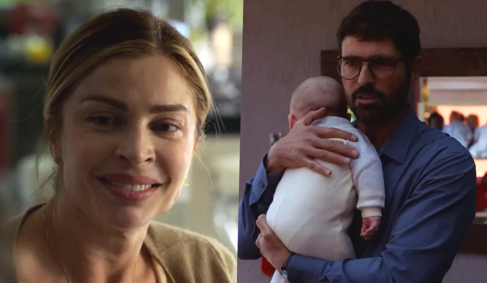 Grazi Massafera sorrindo e Reynaldo Gianecchini segurando um bebê no colo no trailer do suspense brasileiro "Uma Família Feliz".