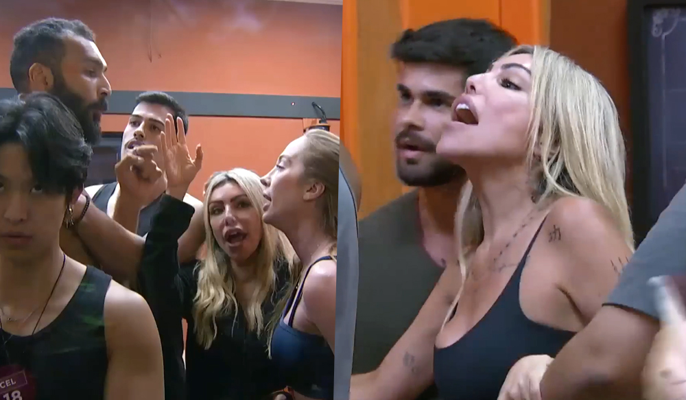 Brenno Pavarini e Liziane Gutierrez protagonizando briga generalizada no reality show A Grande Conquista 2.