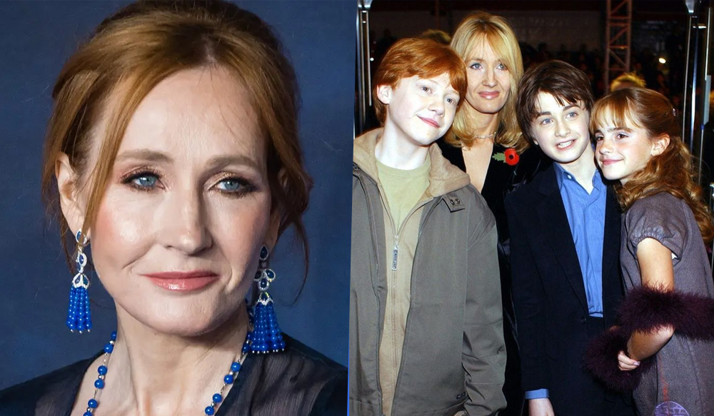 J.K. Rowling usando brincos, colar e sobretudo preto. Ao lado, a autora com Daniel Radcliffe, Emma Watson e Rupert Grint, protagonistas de Harry Potter.