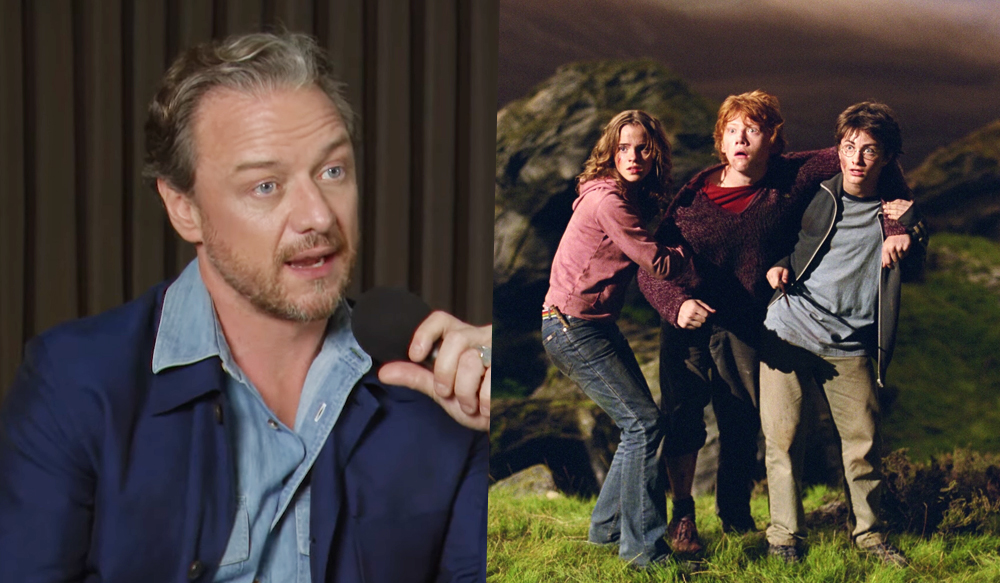 James McAvoy em entrevista e cena da franquia "Harry Potter".