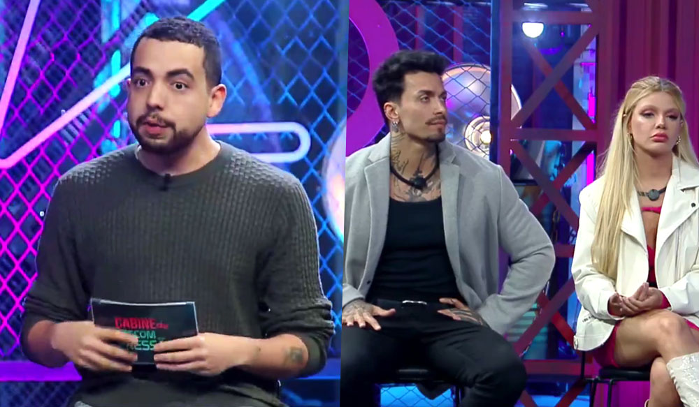 Diego e Giovanna, primeiro casal eliminado do Power Couple Brasil 7, participando da Cabine de Descompressão.