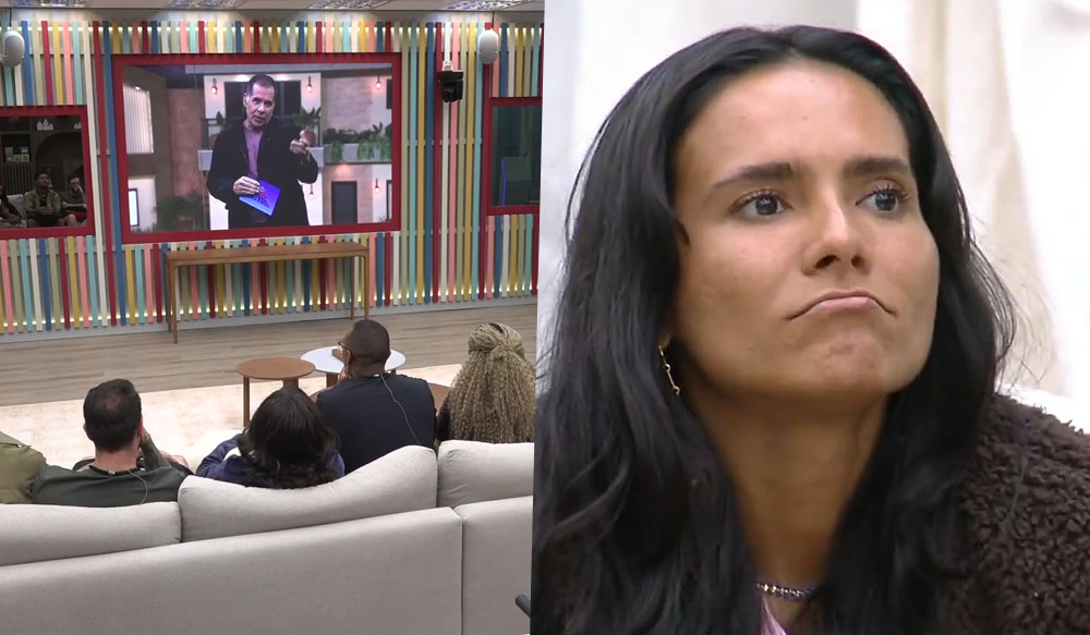 Na esquerda, Leandro Hassum através do telão da sala, usando jaqueta preta e camiseta roxa. Na direita, Morena com expressão de tristeza, após receber avaliação do público.