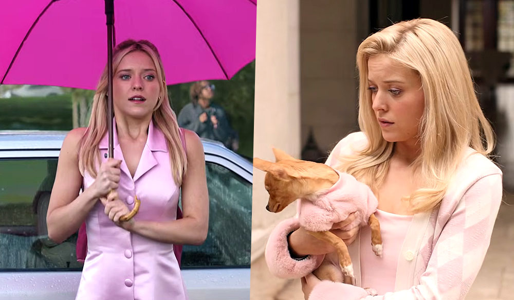 Na esquerda, Elle, protagonista da série da Prime Video, usando um vestido rosa e segurando um guarda-chuva rosa. Na direita, a personagem de "Legalmente Loira" usando uma camiseta e um casaco rosas enquanto segura um cachorro no colo.