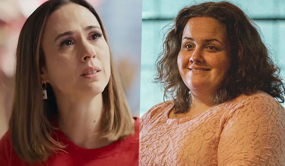 À esquerda, Tatá Werneck com uma camiseta vermelha e lágrimas nos olhos em cena de "Quem Ama Cuida". À direita, Martha de "Bebê Rena", usando uma camiseta de crochê rosa enquanto sorri.