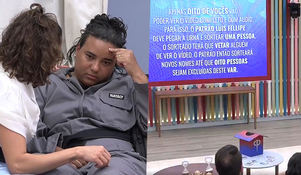 Nataly com a mão na cabeça, com uma expressão de melancolia após supor que está cancelada pelo público. Ao seu lado está Nikita, confortando a amiga.