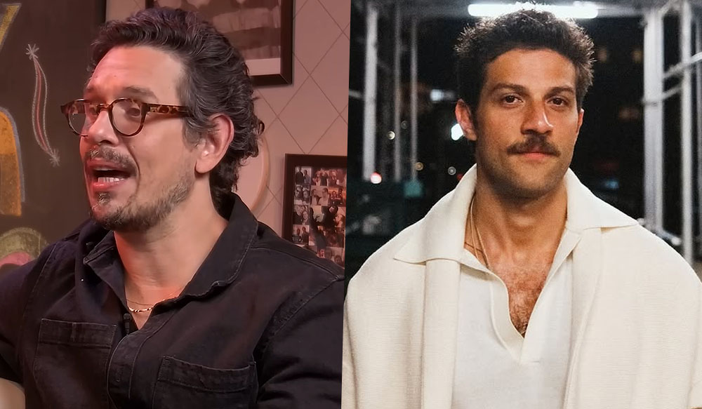À esquerda, João Vicente de Castro no podcast "Não Importa" usando uma jaqueta preta e óculos de grau. Na direita, Chay Suede em ensaio usando camiseta polo branca.