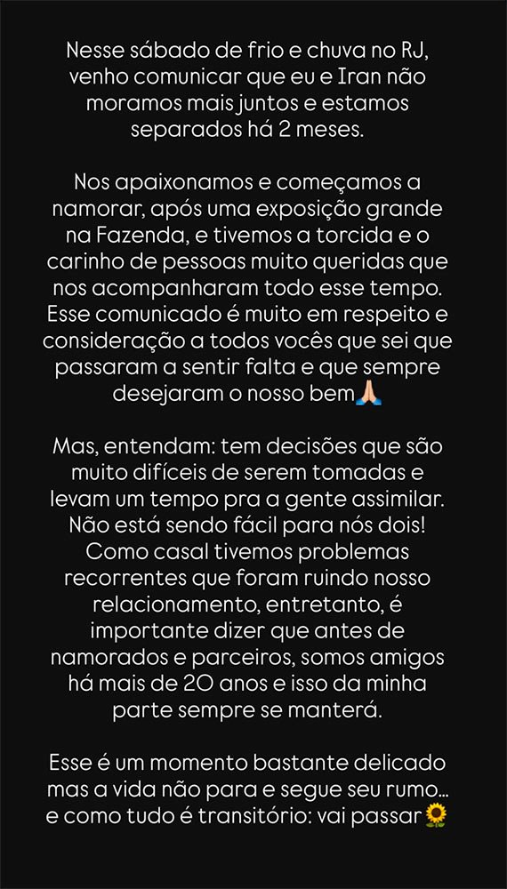 Texto publicado por Bárbara nas redes sociais / Reprodução: Instagram.