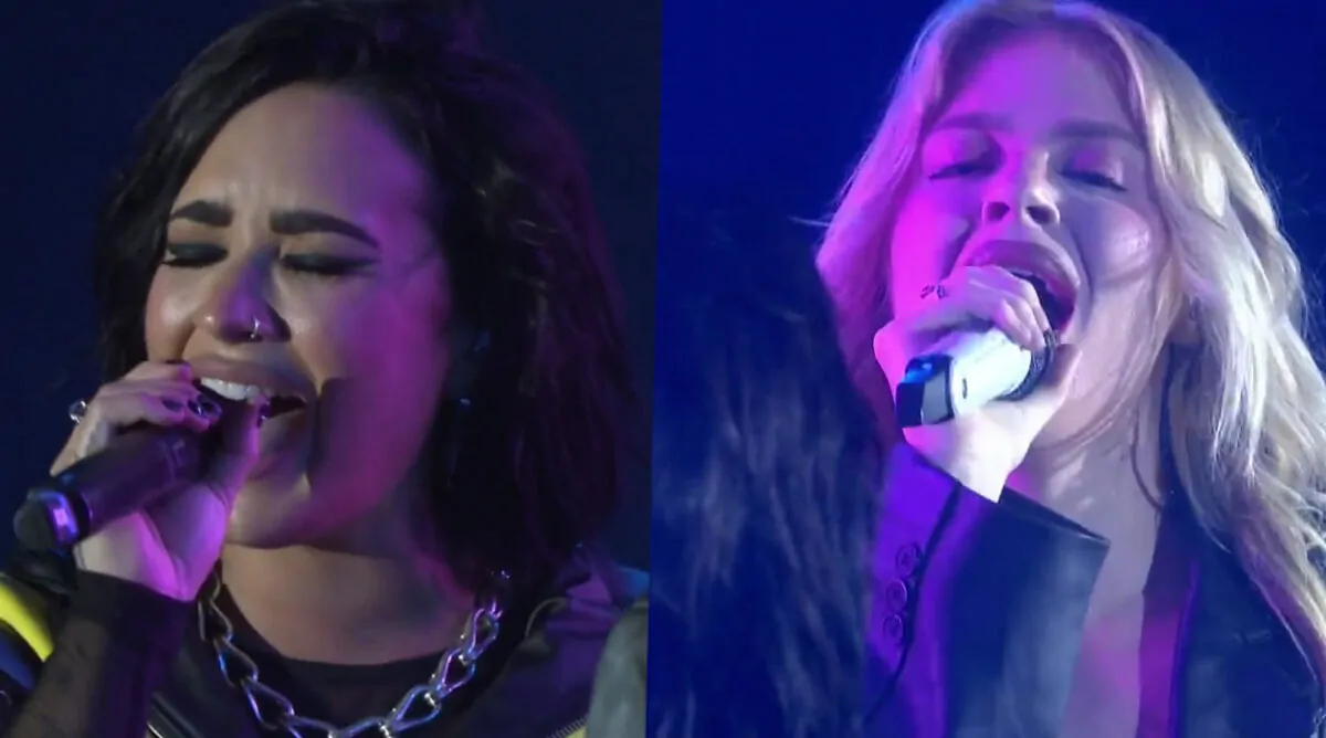 Demi Lovato e Luisa Sonza apresentando Penhasco2 no palco do The Town.